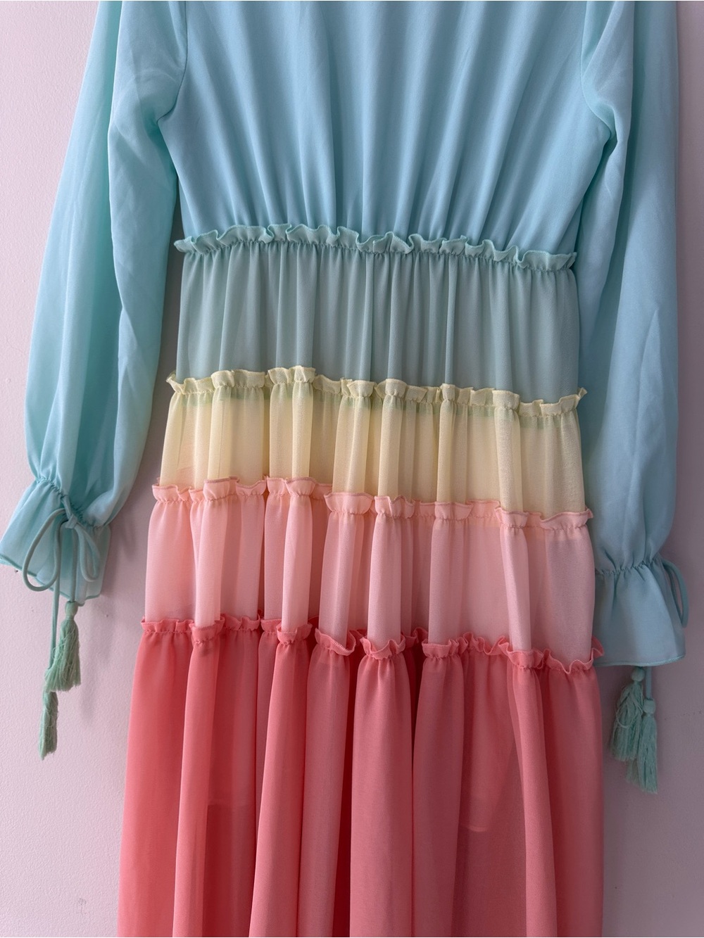 Vici Rainbow Pastel Tiered Ruffle Maxi Dress Long Sleeve Chiffon Boho Festival - Picture 8 of 11